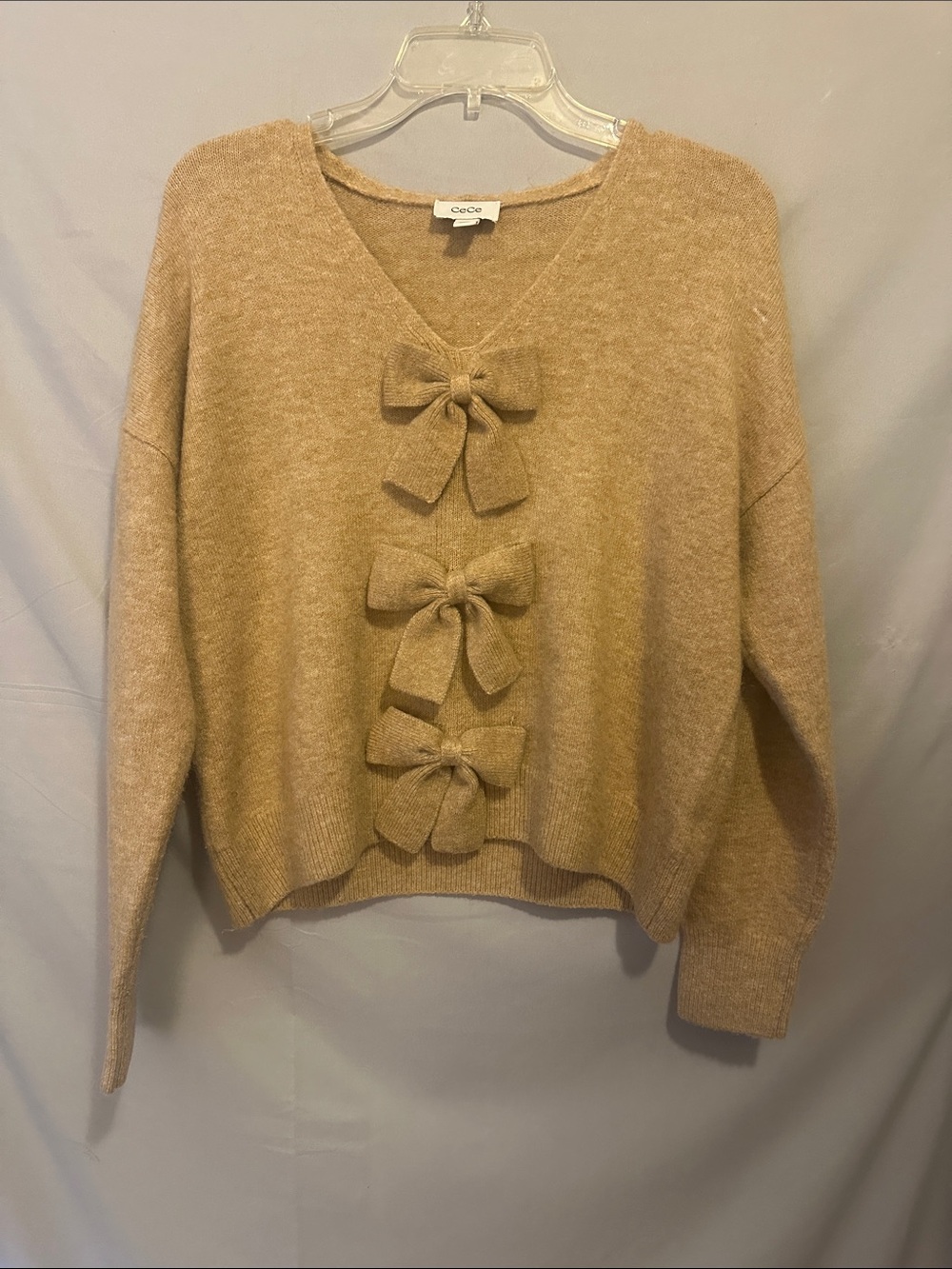 CeCe Tan Bow-Accent V-Neck Sweater